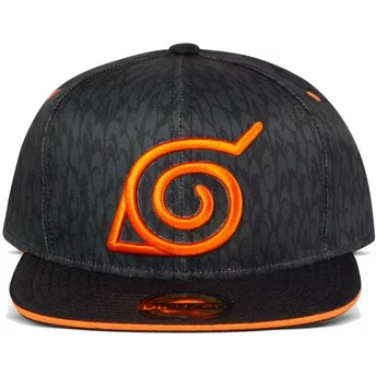 Czarna, płaskokształtna czapka snapback z symbolem Konoha Naruto od Difuzed