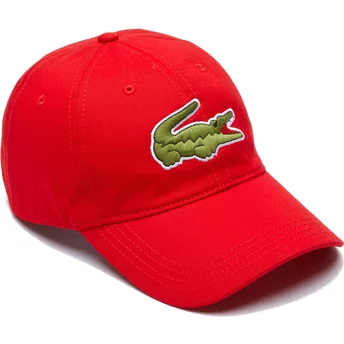 Czerwona, regulowana czapka z daszkiem Lacoste z kontrastowym paskiem i dużym krokodylem