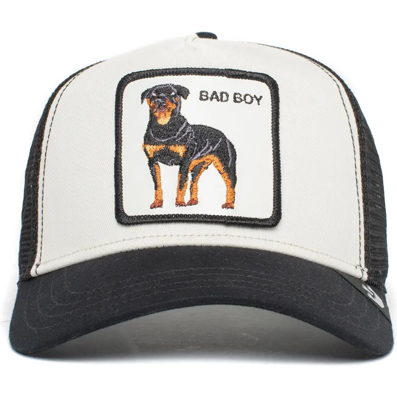 czapka-trucker-biala-i-czarna-pies-rottweiler-bad-boy-the-baddest-boy-the-farm-od-goorin-bros