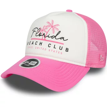 New Era Women A Frame Foam Front Florida Beach Club White and Pink Trucker Hat