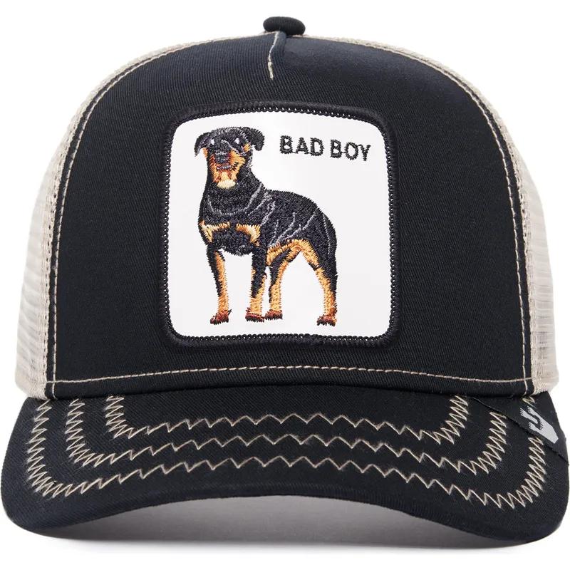 czapka-trucker-czarno-biala-pies-rottweiler-bad-boy-the-baddest-boy-the-farm-od-goorin-bros