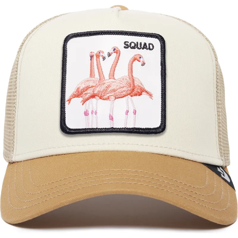 bezowo-brazowa-czapka-trucker-squad-the-farm-premium-z-flamingiem-od-goorin-bros