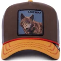 czapka-z-zakrzywionym-daszkiem-brazowa-szara-i-pomaranczowa-snapback-wilk-lone-wolf-100-the-farm-all-over-canvas-od-goorin-bros