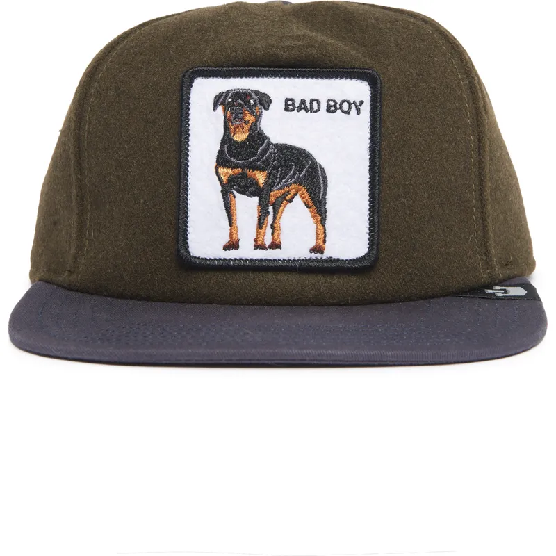 czapka-plaska-zielona-i-niebieska-snapback-pies-rottweiler-bad-boy-top-dog-the-farm-flats-od-goorin-bros