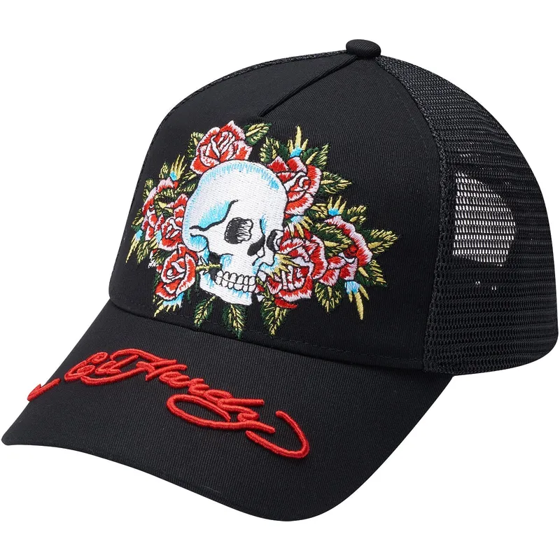 czapka-trucker-czarna-skull-rose-ed-hardy