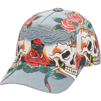 Niebieska regulowana czapka z daszkiem Skull Rose Denim od Ed Hardy