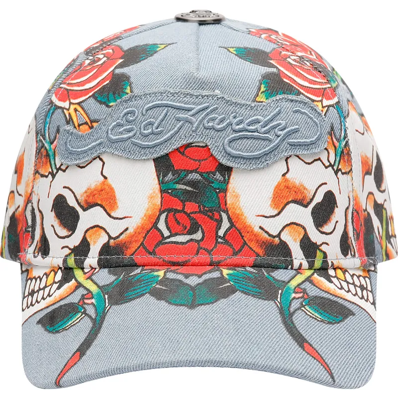 niebieska-regulowana-czapka-z-daszkiem-skull-rose-denim-od-ed-hardy