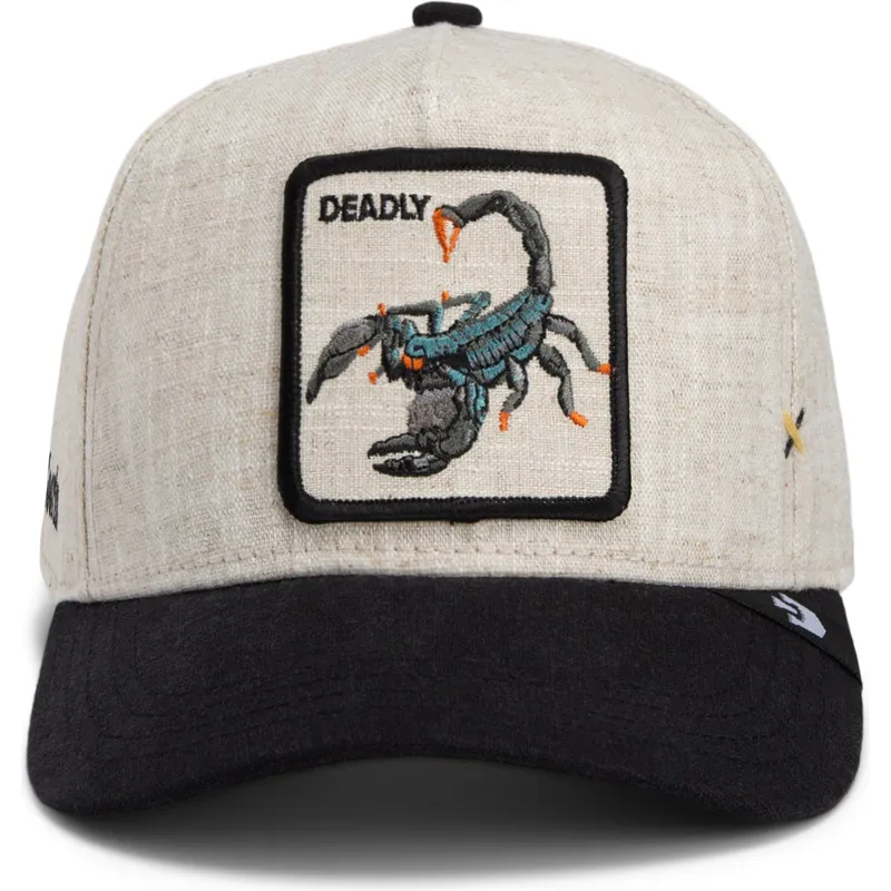 czapka-z-daszkiem-bezowo-czarna-snapback-skorpion-deadly-lethal-linen-rugged-comfort-the-farm-od-goorin-bros