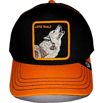 Czarna i pomarańczowa czapka trucker z wilkiem Solo Wolf Fab Farm od Goorin Bros.