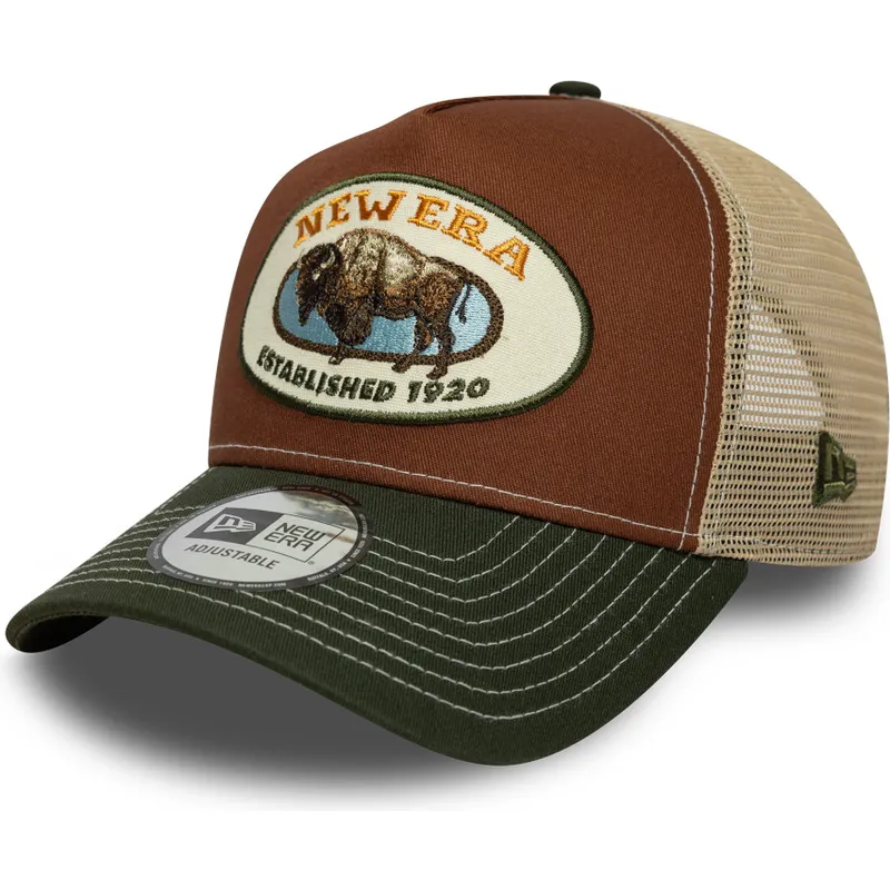 czapka-trucker-brazowo-zielona-a-frame-animal-patch-z-bawolem-new-era