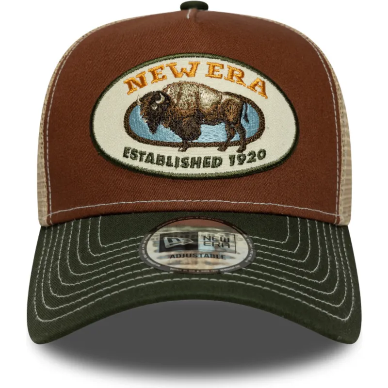 czapka-trucker-brazowo-zielona-a-frame-animal-patch-z-bawolem-new-era
