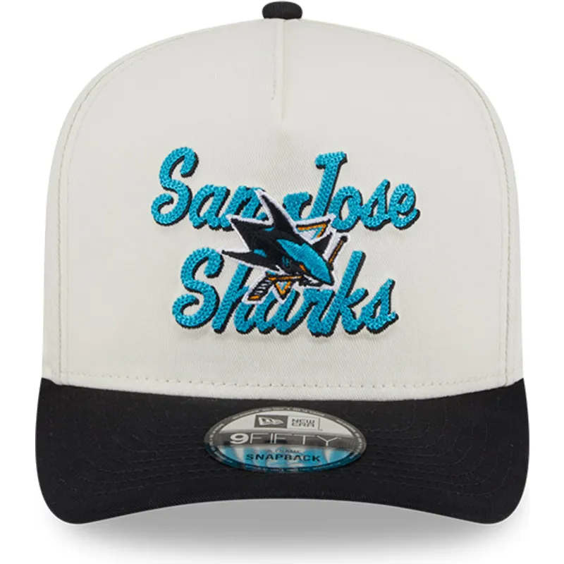 bezowo-czarna-zakrzywiona-czapka-snapback-9fifty-a-frame-chainstitch-san-jose-sharks-nhl-new-era