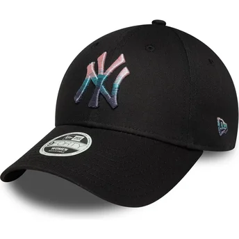 Czarna zakrzywiona regulowana czapka dla kobiet 9FORTY z metalicznym logo New York Yankees MLB od New Era