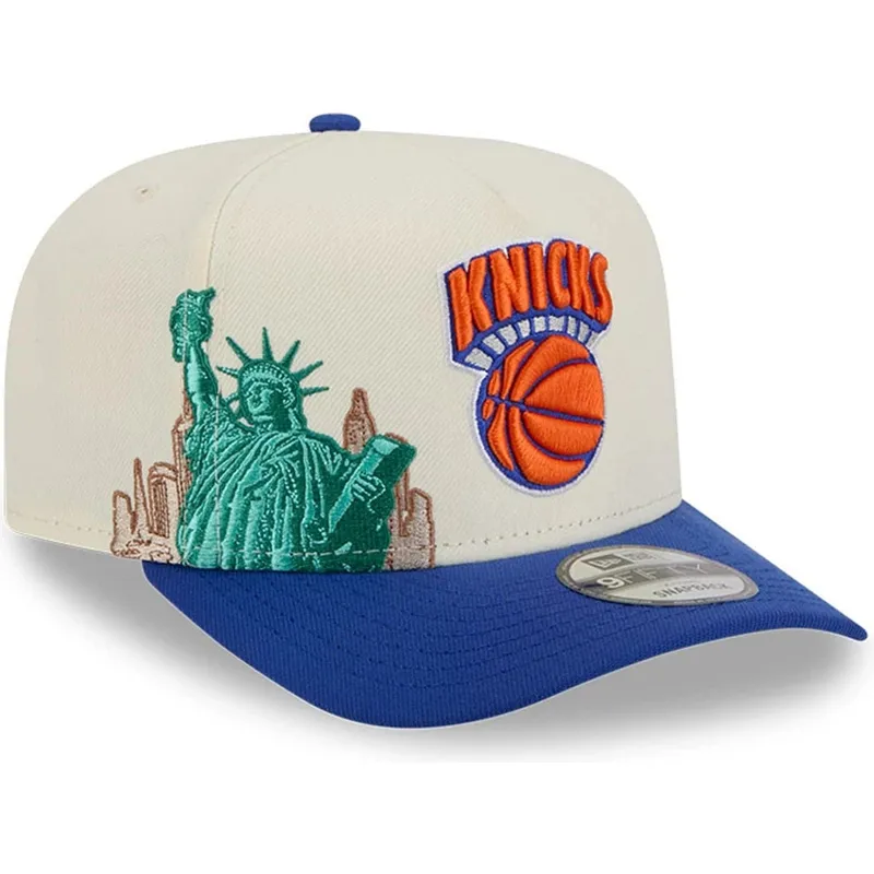 bezowo-niebieska-zakrzywiona-czapka-snapback-9fifty-a-frame-precurved-hardwood-classics-new-york-knicks-nba-new-era