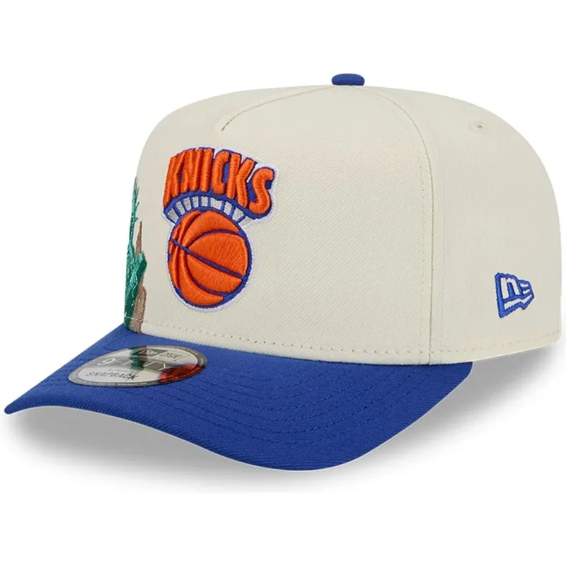 bezowo-niebieska-zakrzywiona-czapka-snapback-9fifty-a-frame-precurved-hardwood-classics-new-york-knicks-nba-new-era