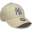 new-era-curved-brim-women-purple-logo-9forty-metallic-logo-new-york-yankees-mlb-beige-adjustable-cap