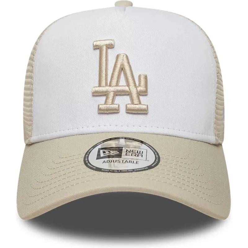 czapka-trucker-bezowa-i-biala-z-bezowym-logo-a-frame-league-essential-los-angeles-dodgers-mlb-new-era